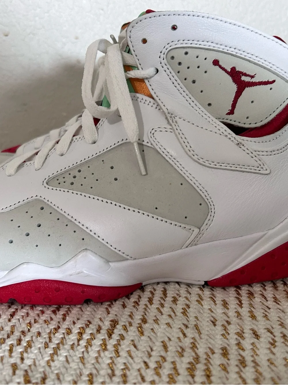 Jordan White High-Tops with Red and Metallic Green Accents